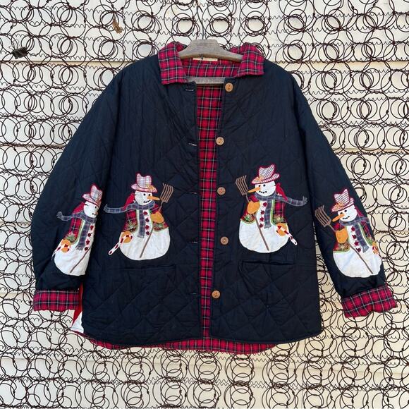 Vintage Americana appliqué snowman quilted jacket reversible w black red plaid - Picture 1 of 5